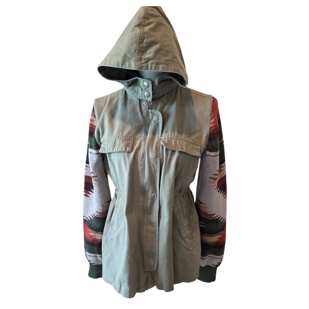 Thread & Supply Utility Jacket Cotton Aztec Knit Sleeve Olive Boho Small
